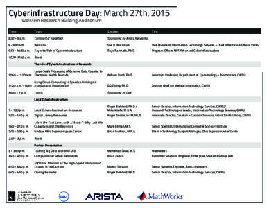 Cyberinfrastructure Day: March 27th, 2015 Wolstein Research Building Auditorium Time  Topic