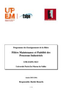Programme des Enseignements de la filière  Filière Maintenance et Fiabilité des Processus Industriels UFR ESIPE-MLV Université Paris-Est Marne-la-Vallée