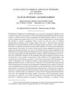 IN THE COURT OF CRIMINAL APPEALS OF TENNESSEE AT JACKSON July 8, 2014 Session STATE OF TENNESSEE v. DAVID RICHARDSON Appeal from the Criminal Court for Shelby County Nos[removed], [removed]