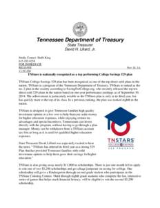 Tennessee Department of Treasury State Treasurer David H. Lillard, Jr. Media Contact: Shelli King[removed]FOR IMMEDIATE