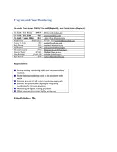 Program and Fiscal Monitoring Co-Leads: Tom Brown (DWD), Tina Judd (Region 8) , and Connie Ahlers (Region 4) Co-Lead: Tom Brown (DWD) Co-Lead: Tina Judd (R8)