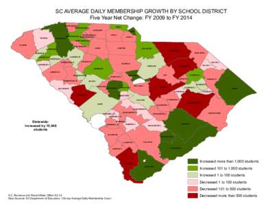 SC AVERAGE DAILY MEMBERSHIP GROWTH BY SCHOOL DISTRICT Five Year Net Change: FY 2009 to FY 2014 SPARTANBURG 1 SPARTANBURG 2  PICKENS