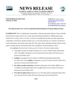 NEWS RELEASE NATIONAL AGRICULTURAL STATISTICS SERVICE United States Department of Agriculture • Washington, DC[removed]Ag Statistics Hotline: ([removed] • www.nass.usda.gov  FOR IMMEDIATE RELEASE: