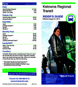 Fares  subject to change Cash Adult/College Student