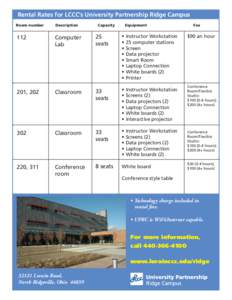 Rental Rates for LCCC’s University Partnership Ridge Campus Room number Description Capacity	 Equipment
