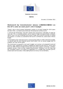 EUROPEAN COMMISSION  MEMO Brussels, 23 October[removed]Statement by Commissioner Janusz LEWANDOWSKI on