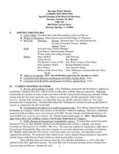 Borrego Water District CORRECTED MINUTES Special Meeting of the Board of Directors Tuesday, October 20, 2015 9:00 AM 806 Palm Canyon Drive