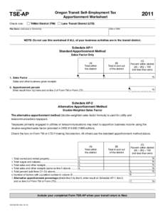 2011 Form TSE-AP, Oregon Transit Self-Employment Tax Apportionment Worksheet, Instructions, [removed]