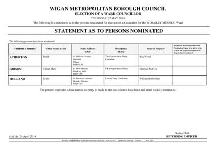 WIGAN METROPOLITAN BOROUGH COUNCIL ELECTION OF A WARD COUNCILLOR THURSDAY, 22 MAY 2014 The following is a statement as to the persons nominated for election of a Councillor for the WORSLEY MESNES Ward