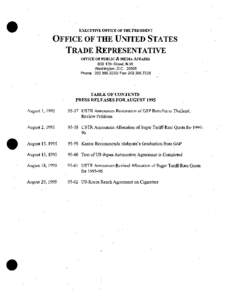 EXECUTIVE OFFICE OF THE PRESIDENT  OFFICE OF THE UNITED STATES TRADE REPRESENTATIVE