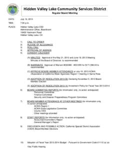 Hidden Valley Lake Community Services District Regular Board Meeting DATE:  July 16, 2013