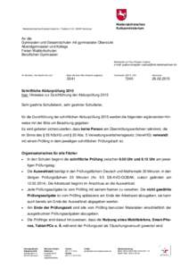 Niedersächsisches Kultusministerium, Postfach 1 61, 30001 Hannover  Niedersächsisches Kultusministerium  An die