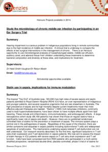 Honours Projects available inStudy the microbiology of chronic middle ear infection by participating in an Ear Surgery Trial Summary Hearing impairment is a serious problem in Indigenous populations living in rem