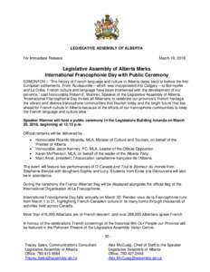 LEGISLATIVE ASSEMBLY OF ALBERTA For Immediate Release March 19, 2018  Legislative Assembly of Alberta Marks