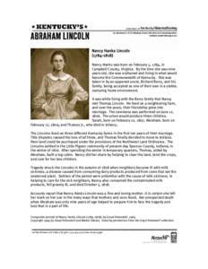 Nancy Lincoln / United States / Milk sickness / Horse racing / Nancy Hanks / Lincoln / Lincoln Boyhood National Memorial / Abraham Lincoln / Thomas Lincoln / Indiana