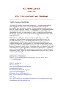 NAI NEWSLETTER 20 April 2005 WITH FOCUS ON TOGO AND ZIMBABWE  ——————————————————————––