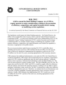 CONGRESSIONAL BUDGET OFFICE COST ESTIMATE October 22, 2014 H.R[removed]A bill to amend the Bank Holding Company Act of 1956 to