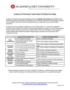 Academy of Art University Transfer Guide for Berkeley City College Academy of Art University will accept the following courses from Berkeley City College towards fulfillment of the Liberal Arts graduation requirements fo