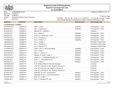 Superior Court of Pennsylvania Superior Court Argument Lists As of[removed]Panel: Begin Date: End Date: