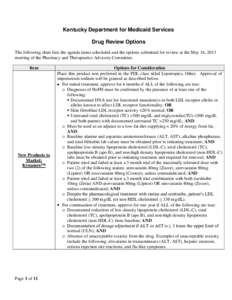 Kentucky Department for Medicaid Services Drug Review Options The following chart lists the agenda items scheduled and the options submitted for review at the May 16, 2013 meeting of the Pharmacy and Therapeutics Advisor