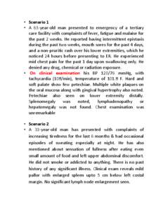 • Scenario 1 • A 63-year-old man presented to emergency of a tertiary care facility with complaints of fever, fatigue and malaise for the past 2 weeks. He reported having intermittent epistaxis during the past two we