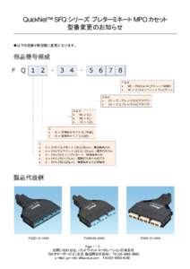 QuickNet™ SFQ シリーズ プレターミネート MPO カセット 型番変更のお知らせ ◆以下の型番が新型番に変更となります。 部品番号構成