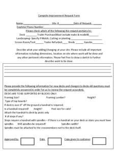 Campsite Improvement Request Form Name-___________________ Site #___________Date of Request: ______ Daytime Phone Number___________________________________________ Please check which of the following the request pertains