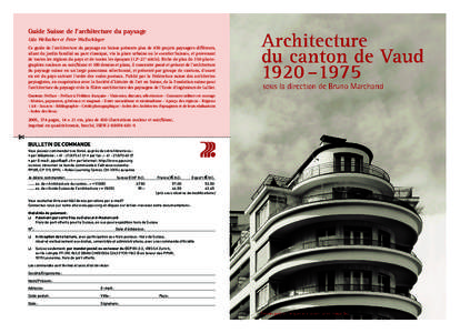 Guide Suisse de l’architecture du paysage Udo Weilacher et Peter Wullschleger Ce guide de l’architecture du paysage en Suisse présente plus de 450 projets paysagers différents, allant du jardin familial au parc cla