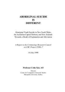 Aboriginal suicide is different : Aboriginal youth suicide in New South Wales, the Australian Capital Territory and New Zealand : towards a model of explanation and alleviation