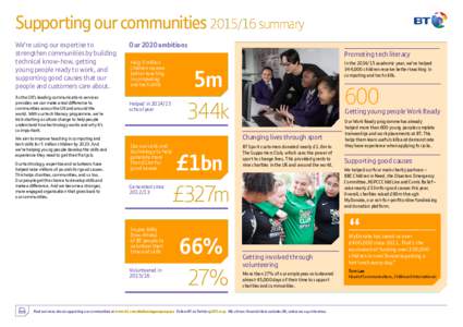 Supporting our communitiessummary We’re using our expertise to strengthen communities by building technical know-how, getting young people ready to work, and supporting good causes that our