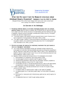 Cooperative Extension  http://ag.udel.edu/fam What Can We Learn from the Research Literature about Childhood Obesity Prevention? Highlights from the 2006 Lit Review