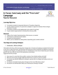 In Focus: Sanctuary and the “Free Lulu” Campaign Teacher Resource Learning Objectives • •