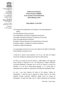 Address by Irina Bokova, Director-General of UNESCO on the occasion of the E-9 Ministerial Review Meeting on EFA; Abuja, Nigeria, 21 June 2010; 2010