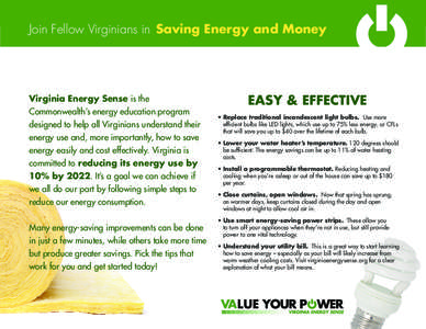 Join Fellow Virginians in Saving Energy and Money  Virginia Energy Sense is the Commonwealth’s energy education program designed to help all Virginians understand their energy use and, more importantly, how to save
