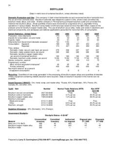 34  BERYLLIUM (Data in metric tons of contained beryllium, unless otherwise noted) Domestic Production and Use: One company in Utah mined bertrandite ore and recovered beryllium hydroxide from this ore and from domestic 