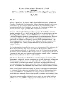 PLEDGE OF SOLIDARITY & CALL TO ACTION on behalf of Christians and Other Small Religious Communities in Egypt, Iraq and Syria May 7, 2014  FACTS