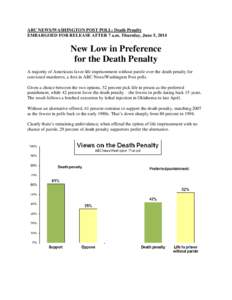 ABC NEWS/WASHINGTON POST POLL: Death Penalty EMBARGOED FOR RELEASE AFTER 7 a.m. Thursday, June 5, 2014 New Low in Preference for the Death Penalty A majority of Americans favor life imprisonment without parole over the d