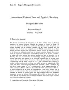 Item 10:  Report of Inorganic Division (II) International Union of Pure and Applied Chemistry Inorganic Division