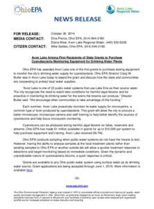 FOR RELEASE: MEDIA CONTACT: CITIZEN CONTACT: October 30, 2014 Dina Pierce, Ohio EPA, ([removed]