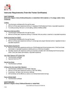 Instructor Requirements (Train-the-Trainer Certificates) Level I Instructors (Associate’s Degree in Early Childhood Education or related field; CDA Credential; or 12 college credits in Early Childhood) ChildNet  Tra