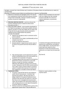 NEW HALL SURGERY PATIENT GROUP MEETING MINUTES WEDNESDAY 9TH MAY[removed]:00 – 19:00 Apologies: received from Helen McAteer and 2 members of the group (names not published due to reasons of confidentiality) Attendees: 8
