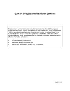 SUMMARY OF OSW BURDEN REDUCTION ESTIMATES  This document summarizes burden reduction estimates for all of OSW’s proposed burden reduction ideas that are described in the text of the NODA, in the table entitled “RCRA 