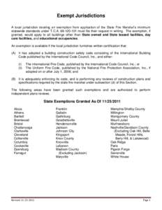 Exempt Jurisdictions A local jurisdiction desiring an exemption from application of the State Fire Marshal’s minimum statewide standards under T.C.A[removed]must file their request in writing. The exemption, if gra