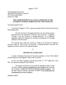 August 24, 1995 The Honorable Donna Jones Idaho State Representative, District[removed]First Avenue South Payette, ID[removed]THIS CORRESPONDENCE IS A LEGAL GUIDELINE OF THE