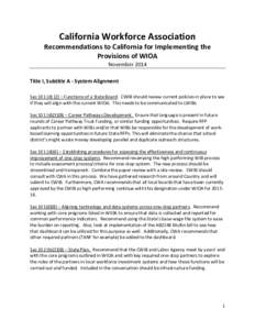 California Workforce Association Recommendations to California for Implementing the Provisions of WIOA November 2014 Title I, Subtitle A - System Alignment Sec 101 (d) (2) – Functions of a State Board. CWIB should revi
