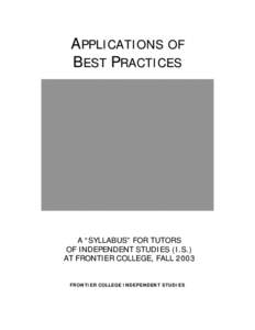 Applications of Best Practices :  A Syllabus for Tutors of Independent Studies (I.S.) at Frontier College – Part 1