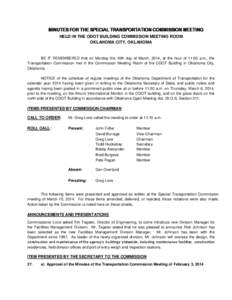 MINUTES FOR THE SPECIAL TRANSPORTATION COMMISSION MEETING HELD IN THE ODOT BUILDING COMMISSION MEETING ROOM OKLAHOMA CITY, OKLAHOMA