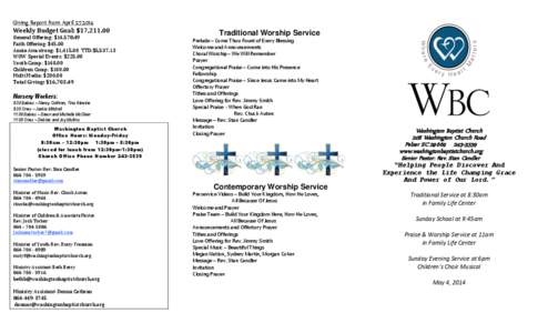 Giving Report from April 27,2014 Weekly Budget Goal: $17,[removed]General Offering: $14,[removed]Faith Offering: $45.00 Annie Armstrong: $1,[removed]TTD:$5,[removed]WOW Special Events: $225.00