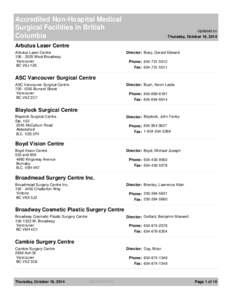 Accredited Non-Hospital Medical Surgical Facilities in British Columbia Updated on Thursday, October 16, 2014