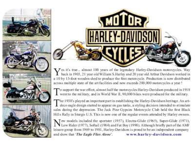 Y  es it’s true... almost 100 years of the legendary Harley-Davidson motorcycles. Way back in 1903, 21 year old William S.Harley and 20 year old Arthur Davidson worked in a 10 by 15-foot wooden shed to produce the firs